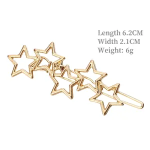 Golden alloy star hair clip with five hollow pentagrams, 6.2cm long fashion hair accessory