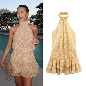 Vestito Mini Floreale Allacciato Al Collo Senza Maniche Schiena Scoperta Volant Orlo A Strati Girasole Estate