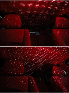 Macro shot of red laser star patterns projected on car interior roof and leather seats