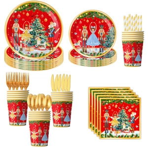 Detailed set of Nutcracker themed Christmas party tableware including plates and cups