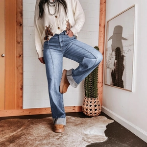 Retro jeans met hoge taille en wijde pijpen met unieke donkergrijze omgeslagen boorden