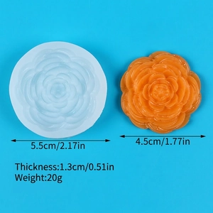 Detailed dimensions of 3D rose silicone mold with finished resin flower measurements