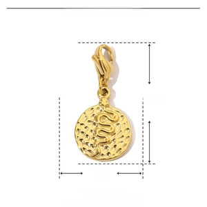Detail showing 25mm gold snake embossed pendant with dimensions and weight info