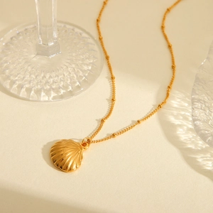 18K gold plated stainless steel shell pendant necklace with a delicate bead chain