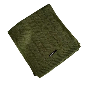 Green checkered knitted scarf with a thick woven texture and WANXI SCARF brand label