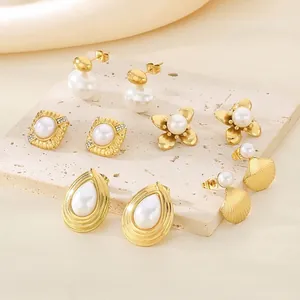 Stainless Steel Artificial Pearl Rhinestone Stud Earrings French Style Geometric Shell Flower Waterdrop Shape Jewelry For Women