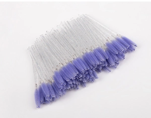 Bulk pack of disposable eyelash brushes with purple spiral bristles and glittery handles