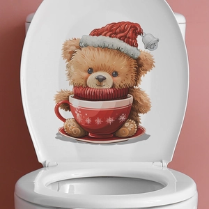 Autocollant De Toilette De Noël Ours En Peluche Tasse Rouge PVC Stickers Muraux Amovible Auto Adhésif Décoration Festive Maison