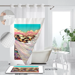 Detail showing colorful abstract ostrich shower curtain fabric and anti-slip bath mat