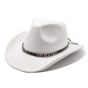 White wool felt western cowboy hat with gear belt and bohemian colorful thread detail