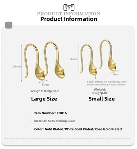 Detailed size chart for S925 sterling silver earring hooks with pearl cup and spiral pin