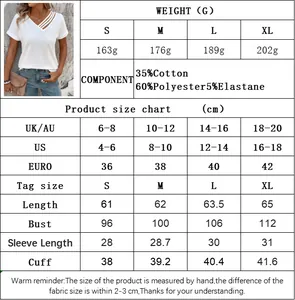 Size chart for V-neck T-shirt showing measurements in cm and weight for S to XL sizes