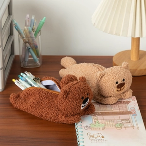 Cute teddy plush bear pencil case made of soft brown fleece with a metal zipper closure