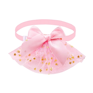 Pink pet collar featuring a satin bow and mesh layers with gold sequin stars