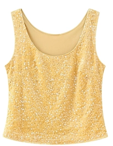 Detailed close-up of a sleeveless top featuring dense gold sequins and metallic texture