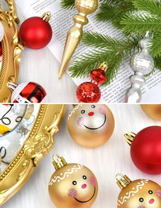 Close-up of painted Christmas icicle and bauble ornaments on a white faux fur backdrop