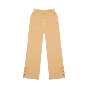 Beige straight-leg joggers with drawstring waist and metal button detail at the hem