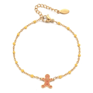 Close-up of stainless steel gingerbread man charm bracelet with yellow beads and lobster clasp