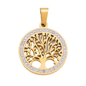 Golden tree of life pendant with white rhinestones on minimalist circular frame