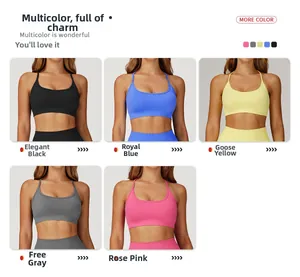 Seamless racerback sports bra available in black, royal blue, yellow, grey and rose pink