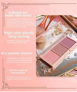 Detailed view of the BIBI three-color matte blush palette on a vintage gold mirror tray