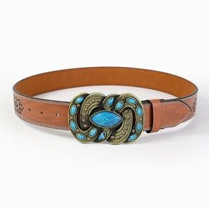 Vintage brown PU leather belt featuring a turquoise floral buckle in ethnic style