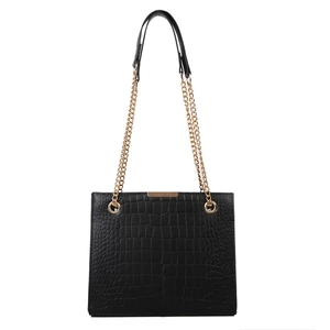 Chic black crocodile embossed leather crossbody bag with elegant gold chain strap