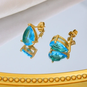 Water drop blue zircon earrings in gold-plated stainless steel with mirror reflection