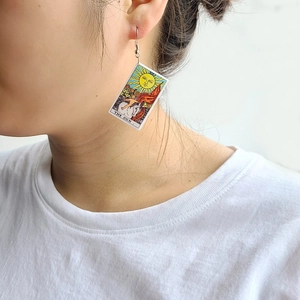 Vintage acrylic tarot card earrings with The Sun design and silver metal hooks