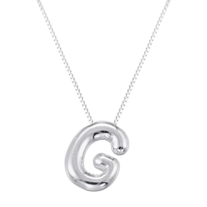 Detailed close-up of 3D balloon style letter G pendant on a silver box chain