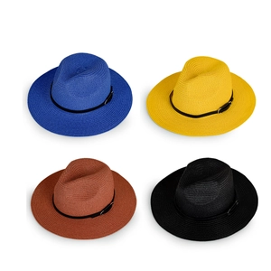 Classic wide brim straw fedora hats in four colors with black leather decorative belts