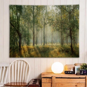 Detailed texture of forest landscape tapestry hanging on a wooden wall with cozy decor