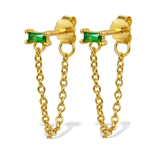 Elegant S925 silver gold tassel earrings with square emerald green zircon stones