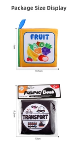 Dimensioni dettagliate dei libri in stoffa per neonati con temi frutta e trasporti