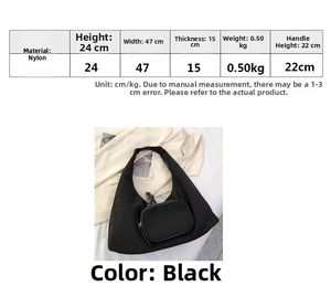 Detailed size guide for black nylon shoulder bag with specific product measurements