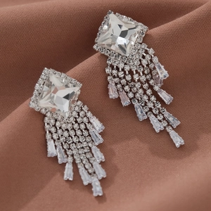 Elegant silver tassel earrings with square zirconia for weddings and bridal parties