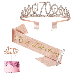 Detail view of 70th birthday set with rose gold crown, pink sash and pearl pin accessories