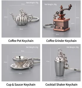 Macro detail of mini 3D metal coffee gear keychains with dimensions and weights
