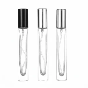 Set of three 10ml glass perfume spray bottles with elegant black and silver caps