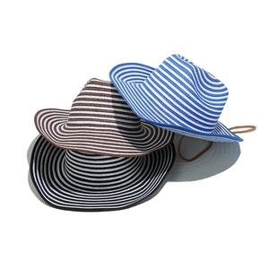 Outdoor paper straw Panama hats with striped patterns and adjustable chin straps