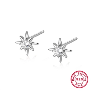 925 Sterling Silver Octagram Stud Earrings Zircon Inlaid Minimalist North Star Sunburst Fashion For Women