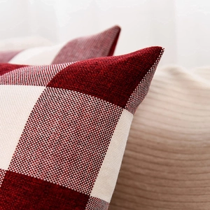 Minimalist red and white plaid cushion cover in textured woven cotton and linen fabric