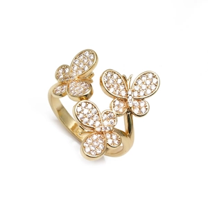 Adjustable gold butterfly ring with micro-paved white zircons for women's fashion