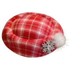 Red plaid Christmas hat hair clip with silver snowflake brooch and white fur ball
