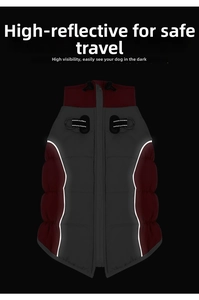 Detail view of high-visibility reflective strips on dark red winter dog jacket for safety