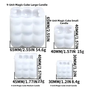 Detailed size chart for 9-cavity bubble cube candle silicone molds with dimensions
