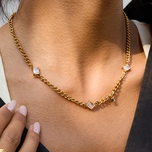 18K gold plated stainless steel necklace for women with square zircon stones on neck