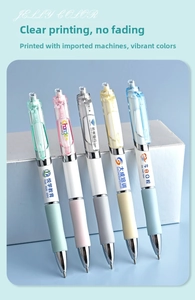 Detail of jelly colored retractable gel pens showing custom logo printing on pastel barrels
