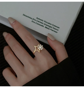 Detailed view of a gold-plated rotating windmill ring with sparkling zircon star design
