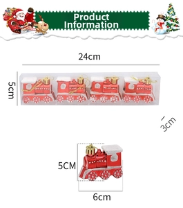 Christmas train ornaments size details showing 24cm box length and 6cm single car dimensions